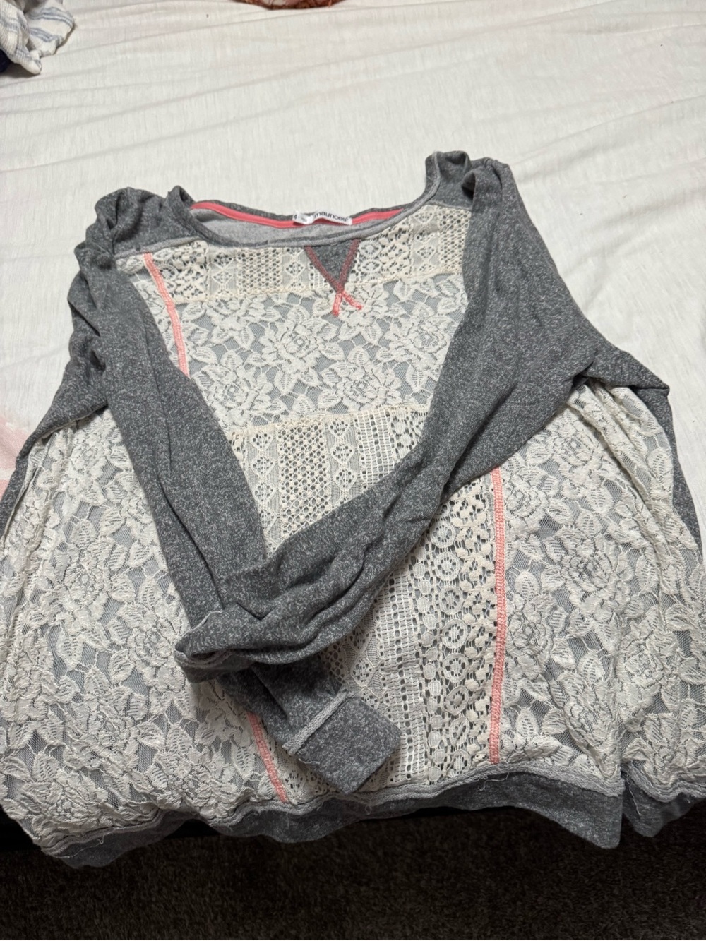 Maurices Gray Lace-Back Women's Sweater with Pink Trim